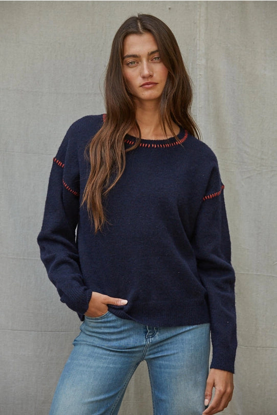 Navy &amp; Orange Stitch Sweater