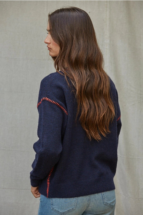 Navy &amp; Orange Stitch Sweater