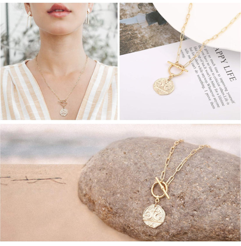 Double Moon &amp; Star Pendant Charm Necklace