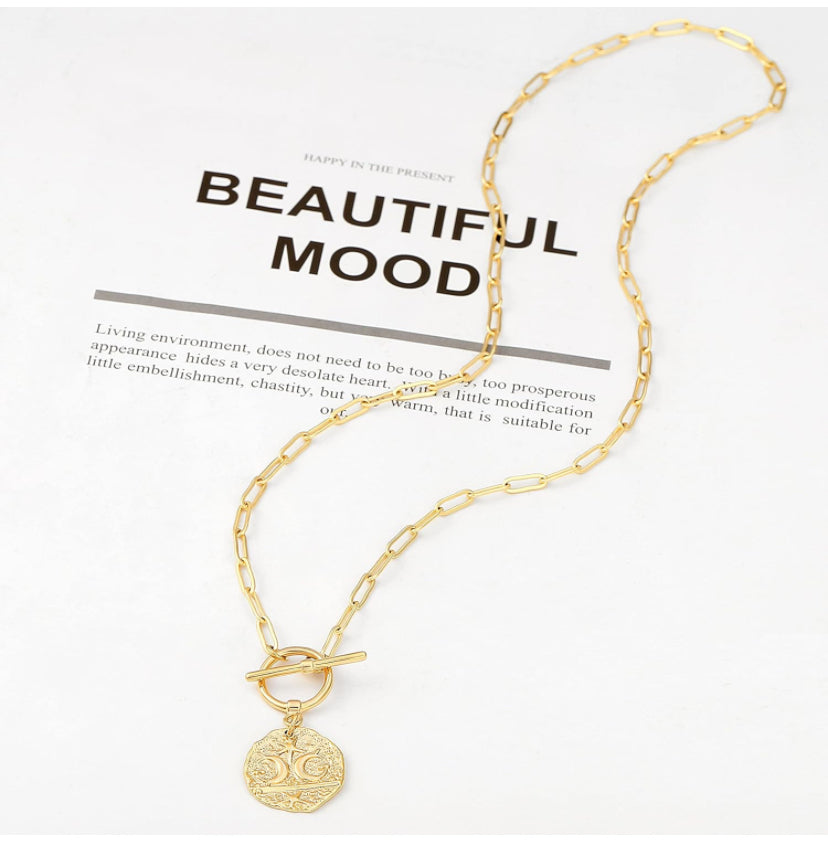 Double Moon &amp; Star Pendant Charm Necklace
