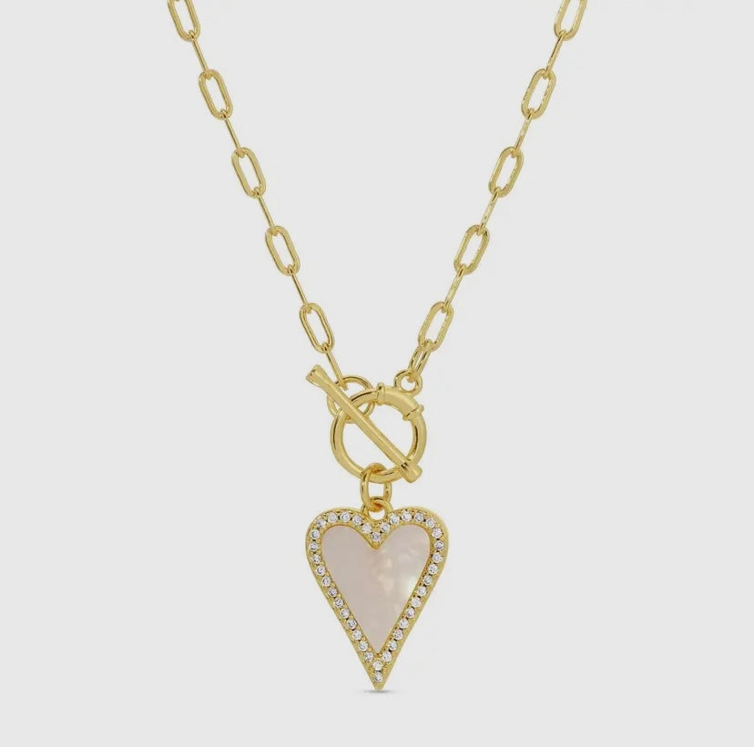 Mother of Pearl Pave Heart Pendant Necklace