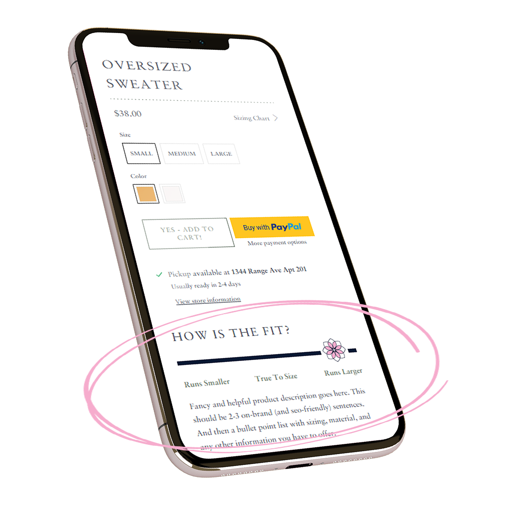 Sizing fit marker: Mobile view of sizing fit slider function available in this store